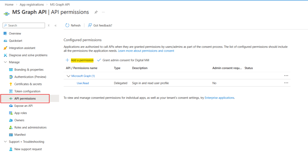 api permissions for app registration in azure portal