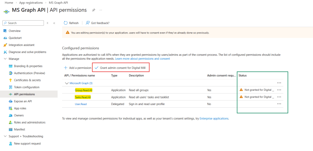 grant consent as admin in app registration