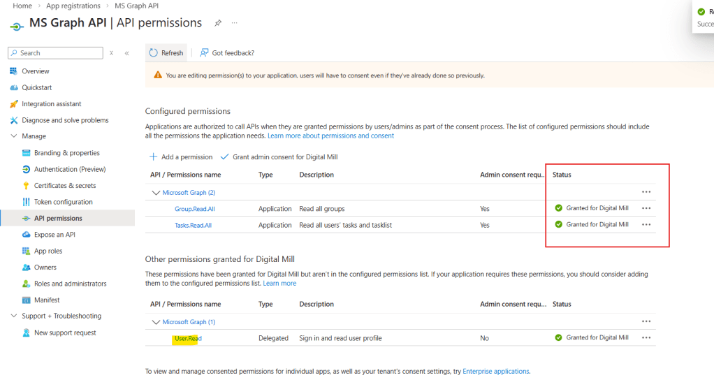 permissions status ok in app registration