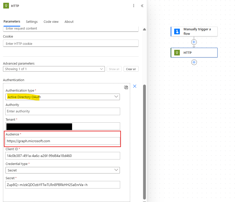 authentication for http in power automate