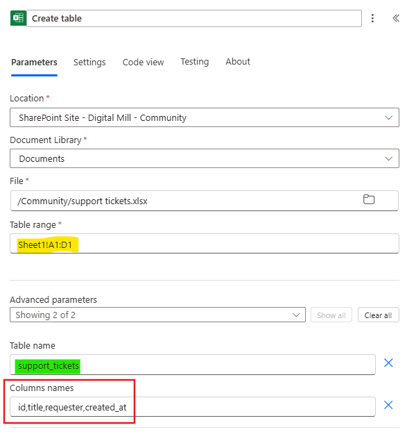 creating excel table in power automate