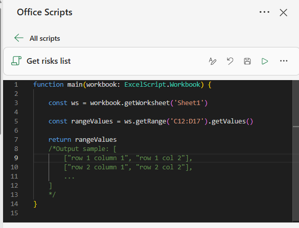 office script to read data from excel ranges