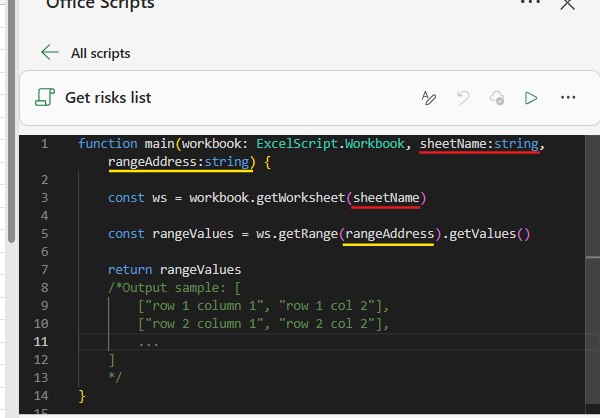 parameters to office scripts