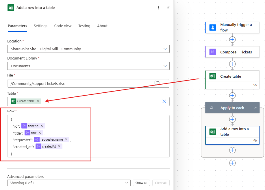 json as input for add row table action in power automate