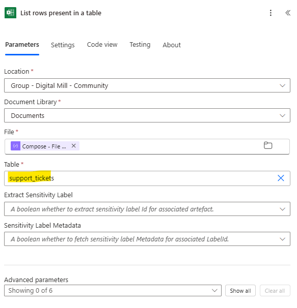hardcoding table name in power automate