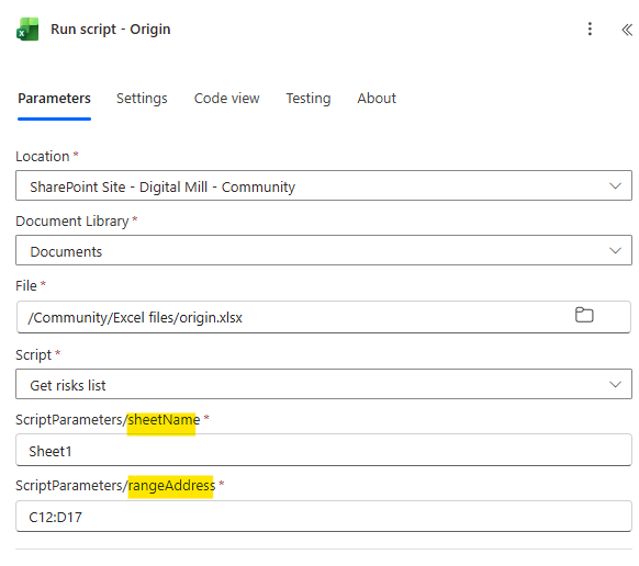 power automate action to execute office script to read data