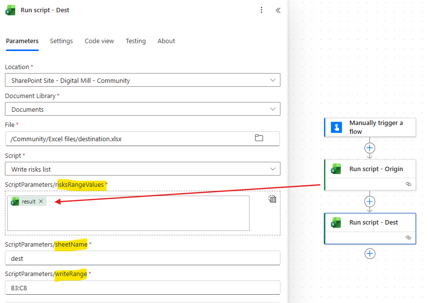 power automate action to execute office script to write data