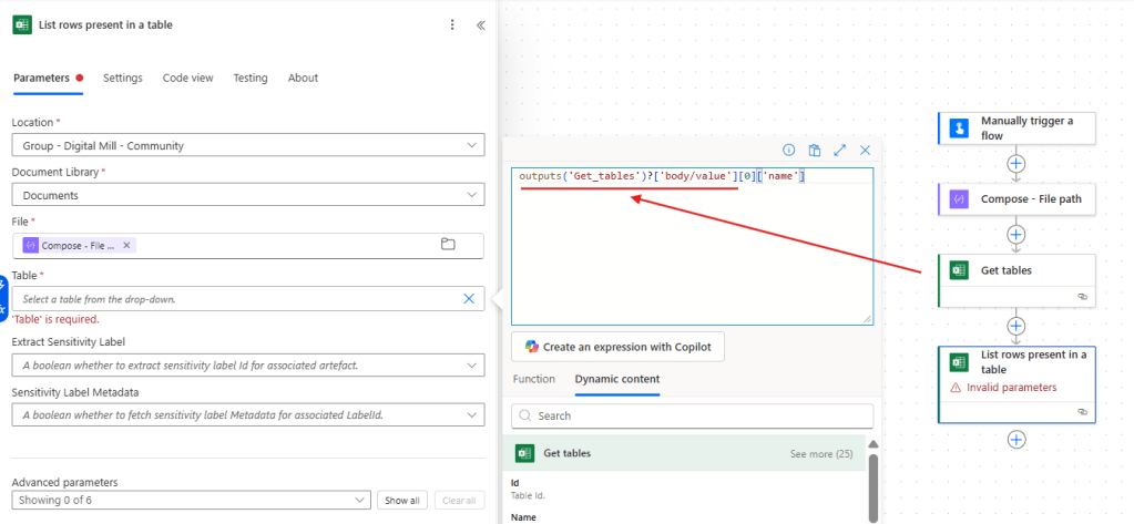 expression to access table name in power automate