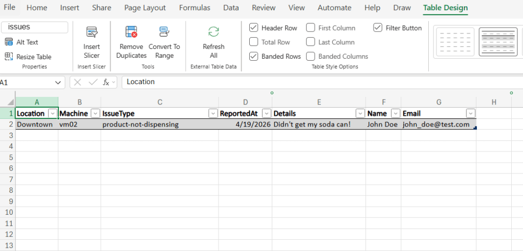 issue logged in excel table after form submission