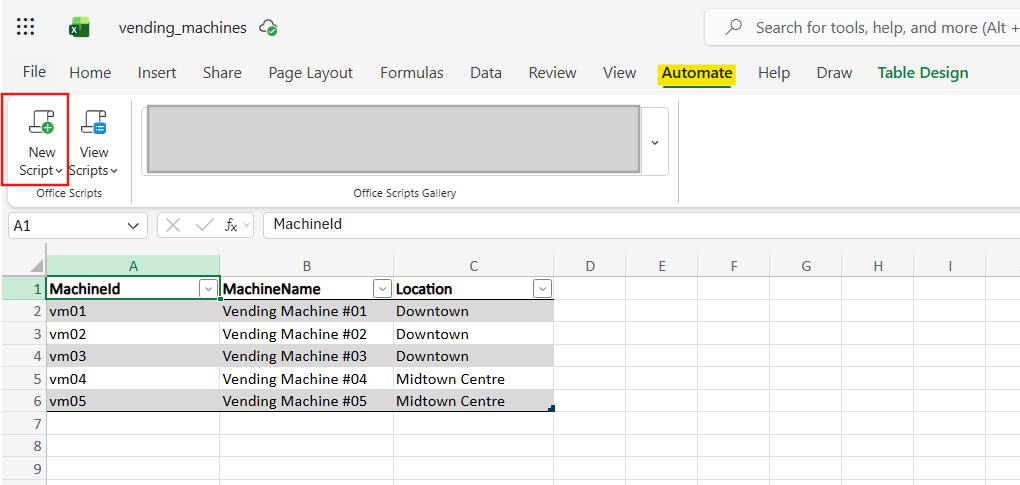 creating office script in excel