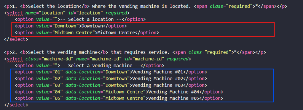html code containing form options
