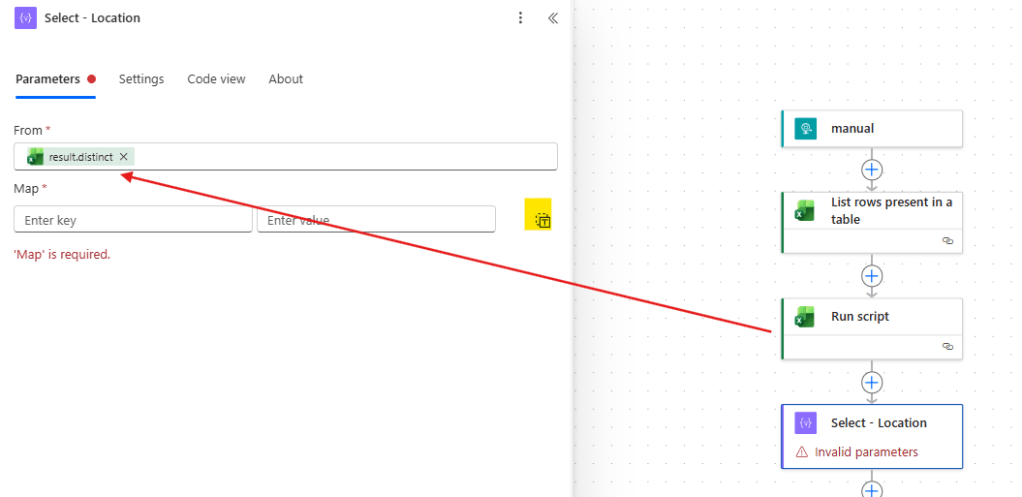 formatting locations in power automate with select action