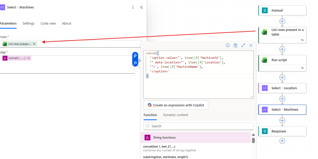 expression for machines in select action in power automate