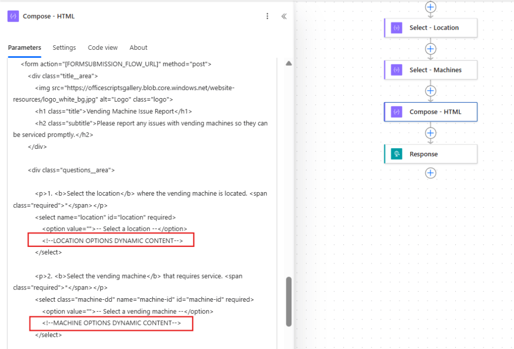 placeholders in html code in power automate