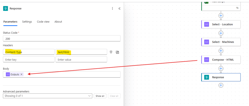 including html code reference in response action in power automate
