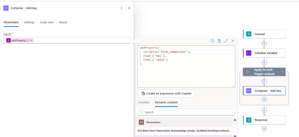 expression to add properties to object in power automate