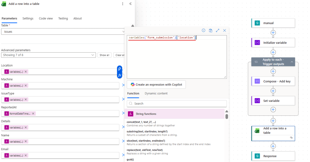 adding values from object variable to excel table in power automate