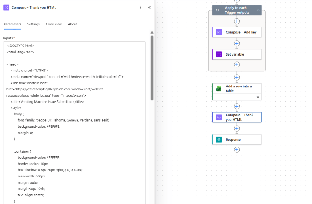 html code for 'thank you' page in power automate