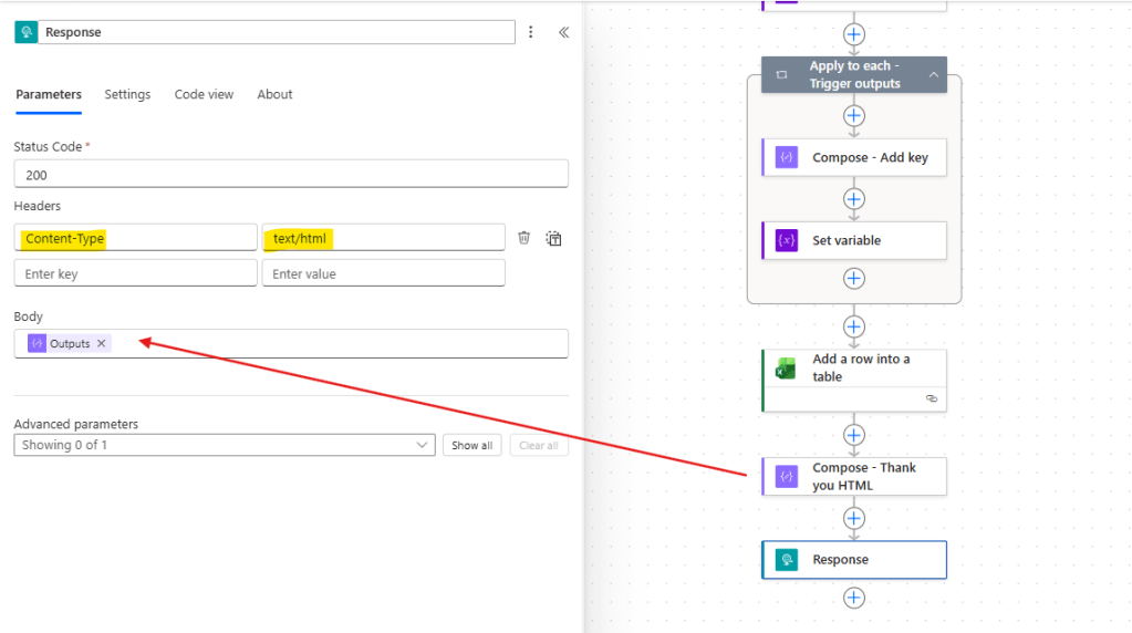 'thank you' compose data as input for response action in power automate