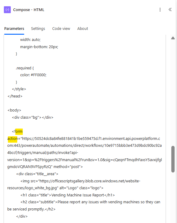 replace submission url in html code in compose in power automate