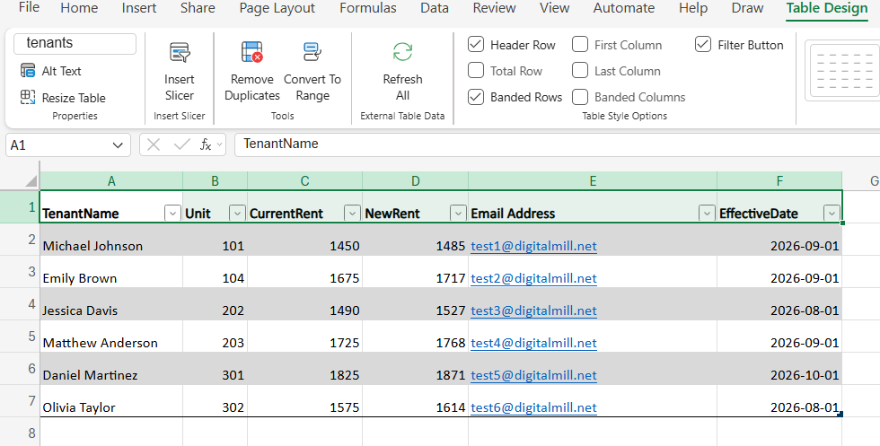 tenants excel sample table