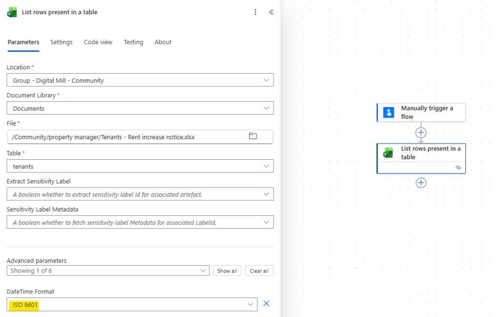 list rows present in a table action in power automate
