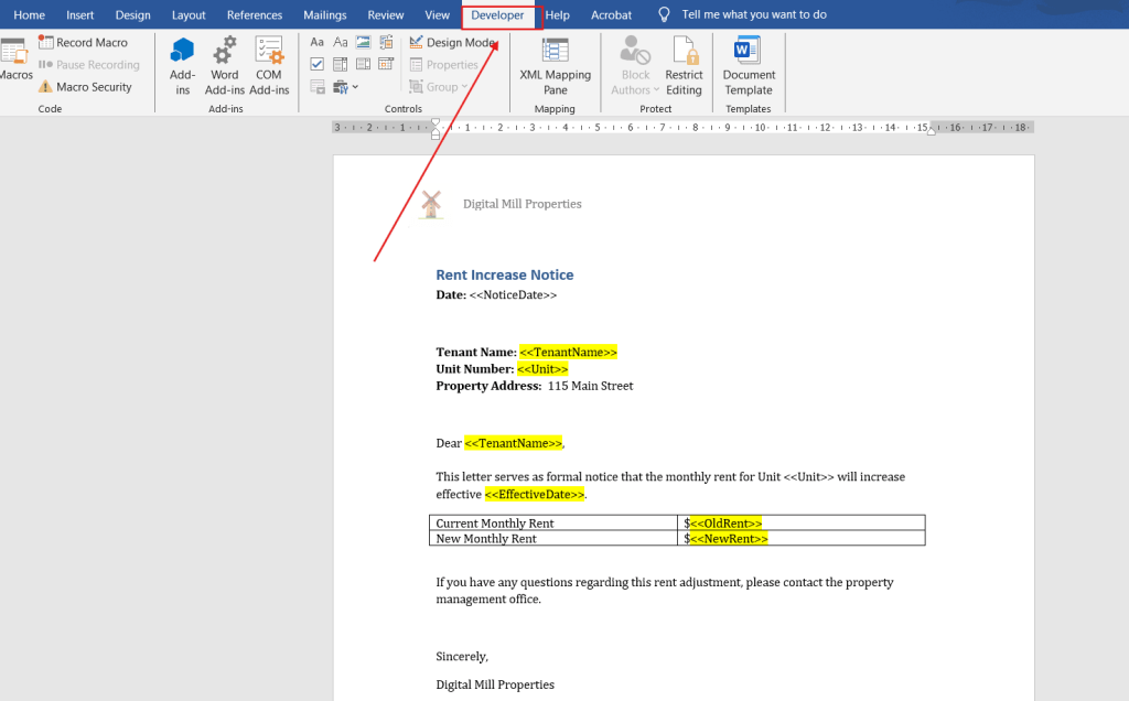 developer tab in microsoft word