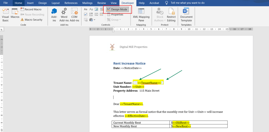 design mode for controls in microsoft word