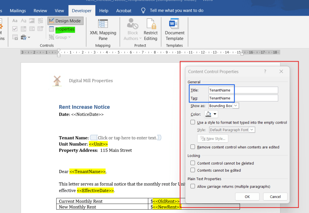 content control properties in microsoft word
