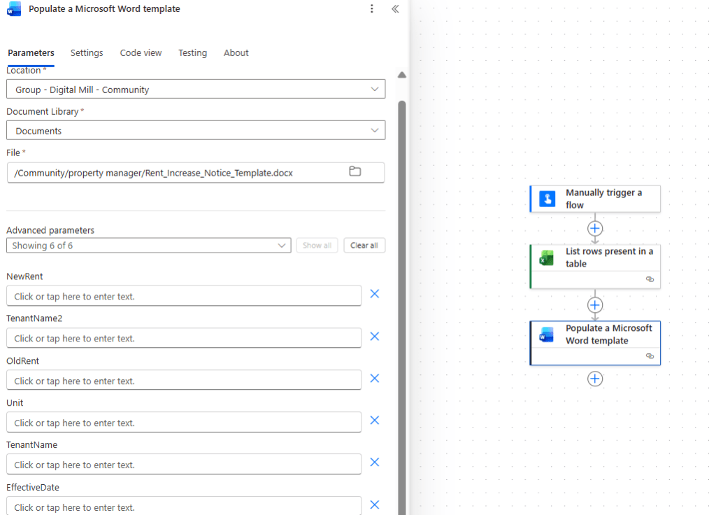populate word template action in power automate