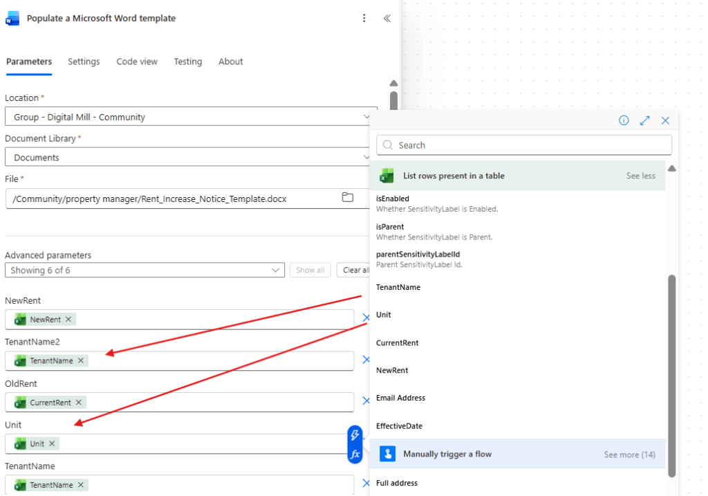 adding dynamic content to template in power automate