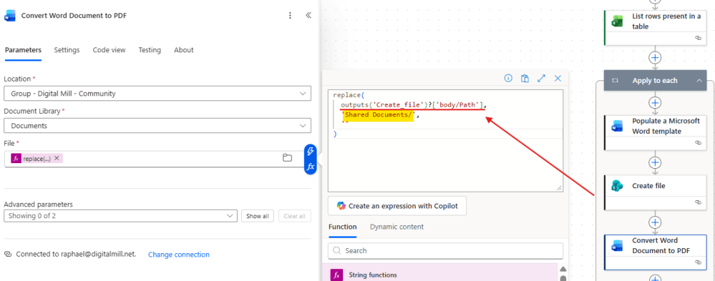 convert word to pdf in power automate