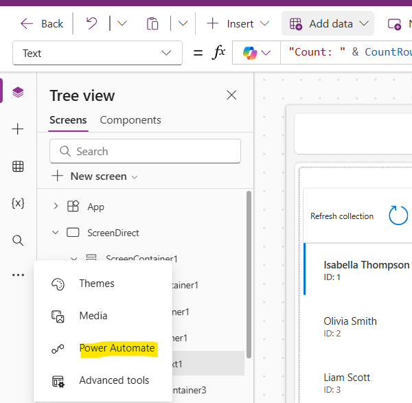 accessing power automate from canvas app