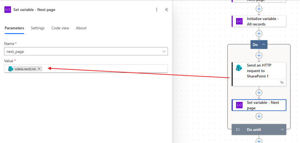 overwrite next page variable in power automate