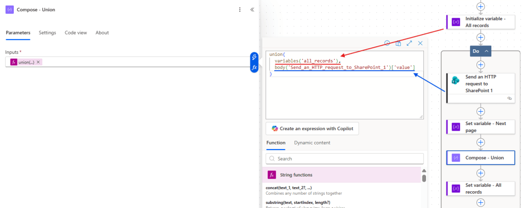 union expression in power automate