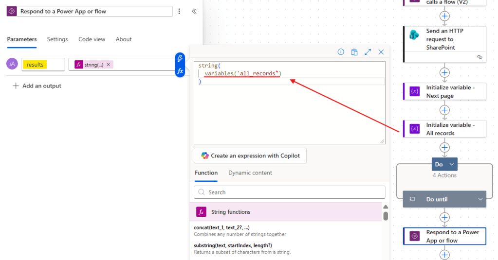 send data from power automate to power apps