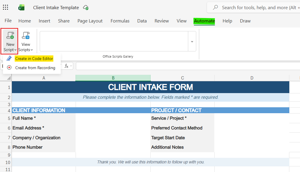 create an office script in excel