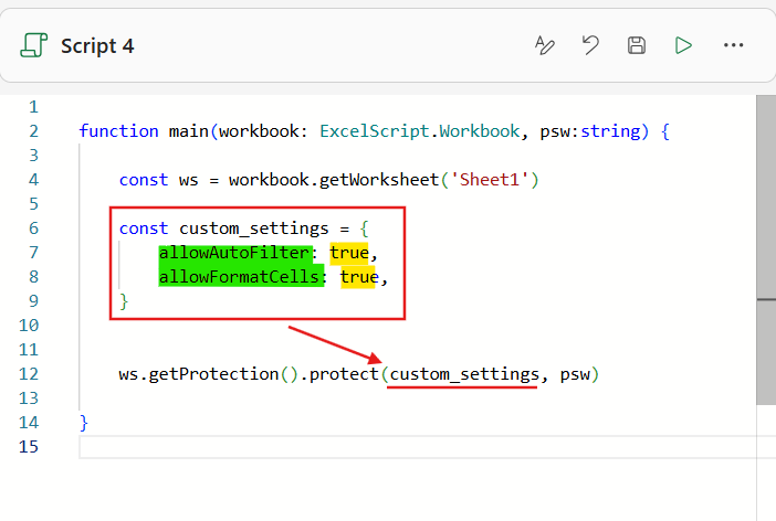 custom protection for worksheet in office scripts