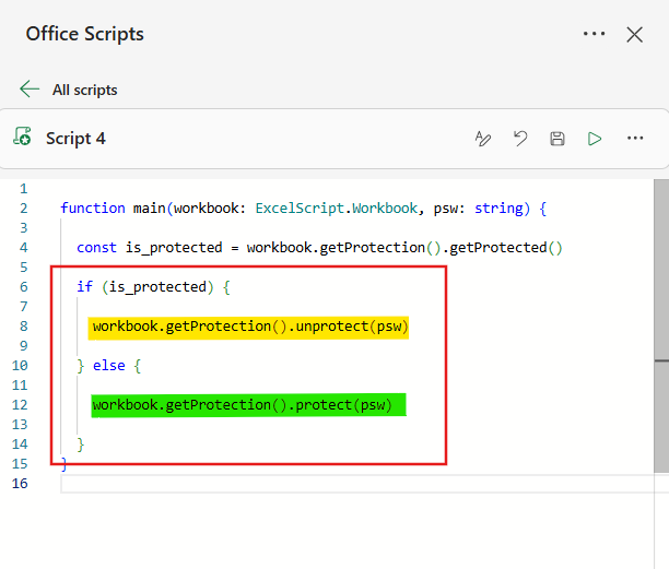 protect or unprotect workbook in office script