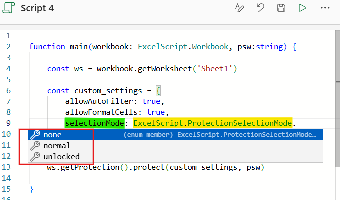 selection mode settings in office scripts