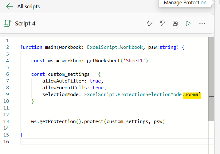 regular selection mode in office scripts